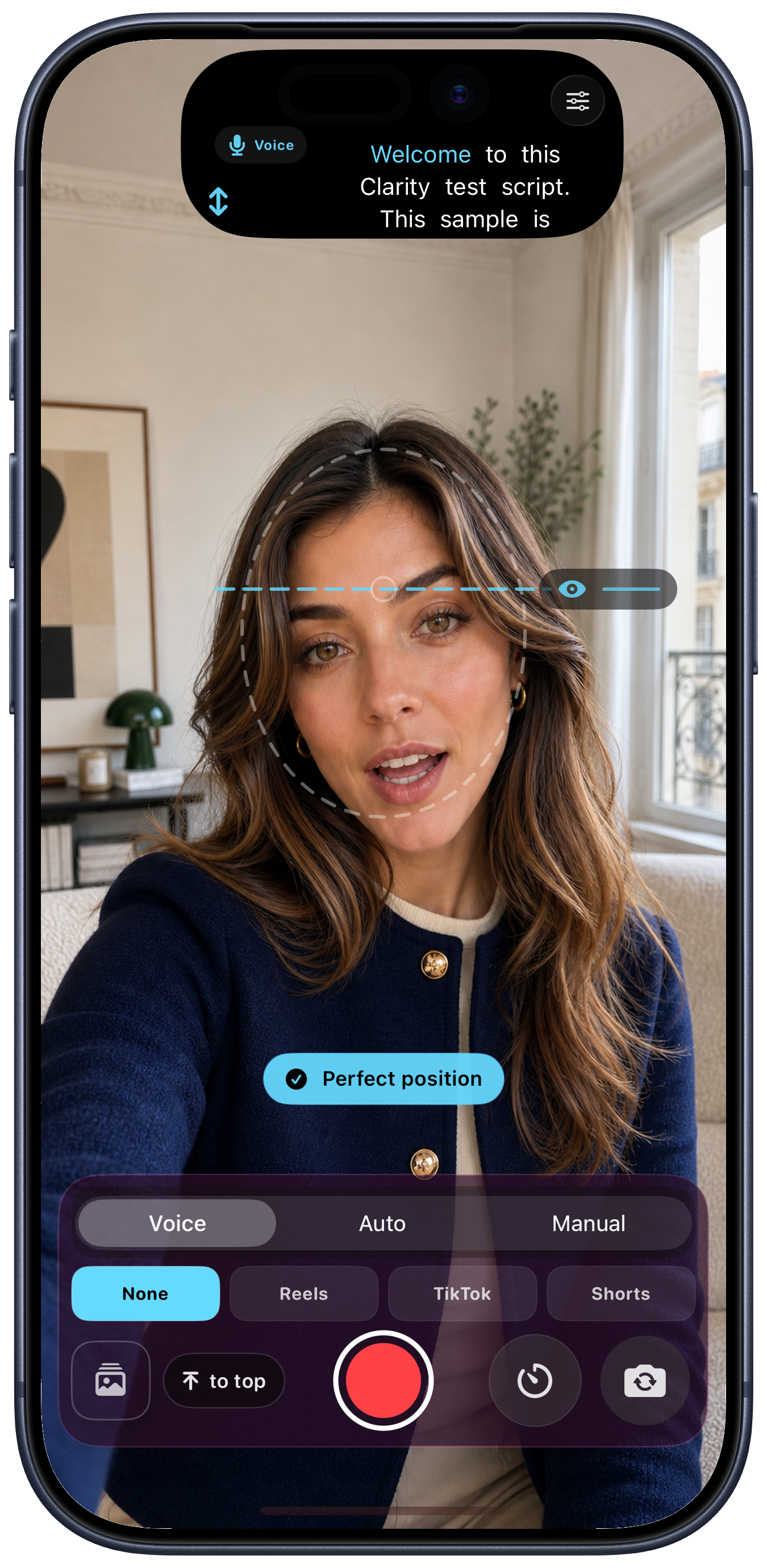 A woman using Clarity eye-line guidance inside a complete official vertical iPhone frame