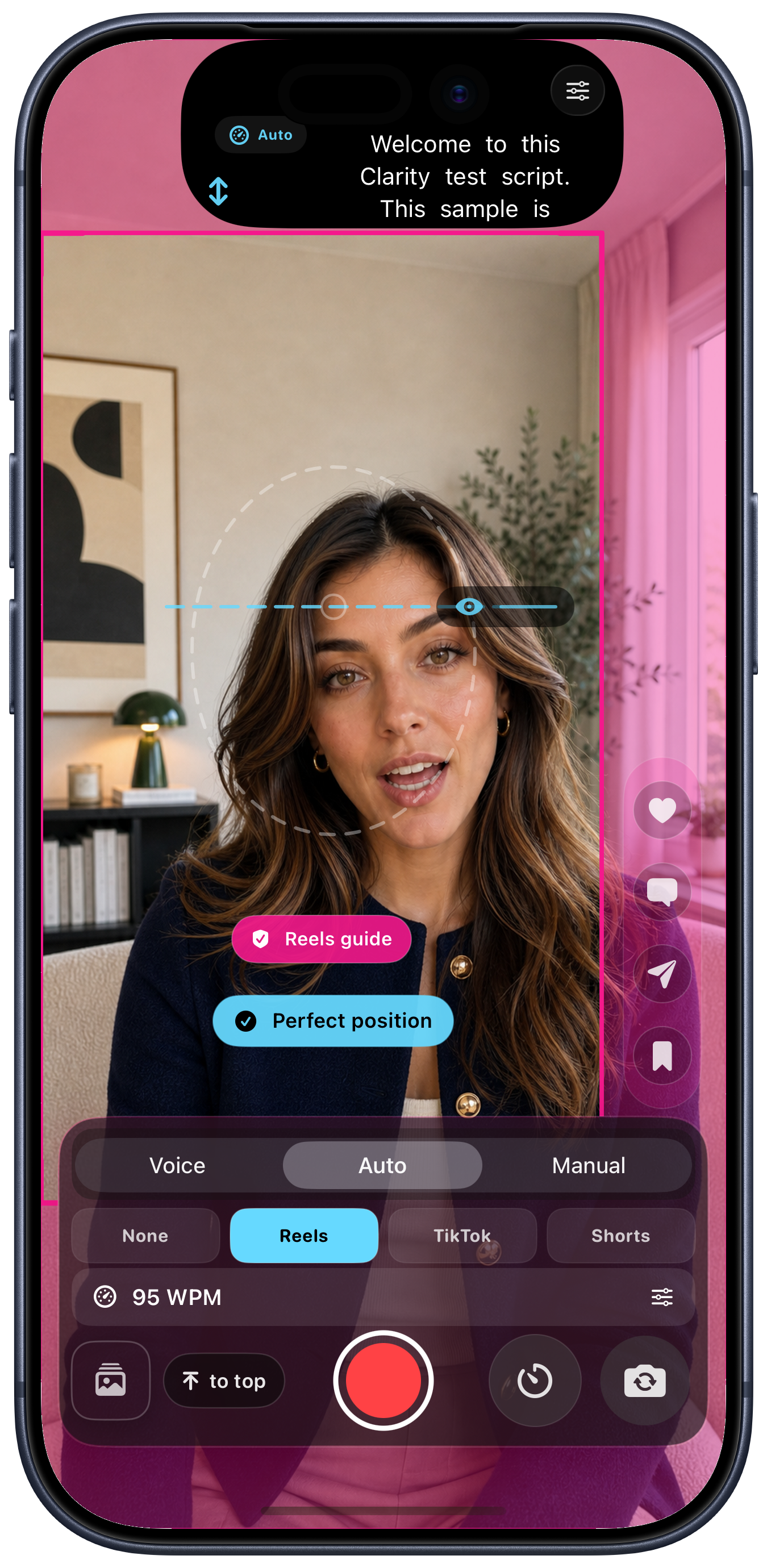 Clarity social safe-zone controls inside a complete official vertical iPhone frame