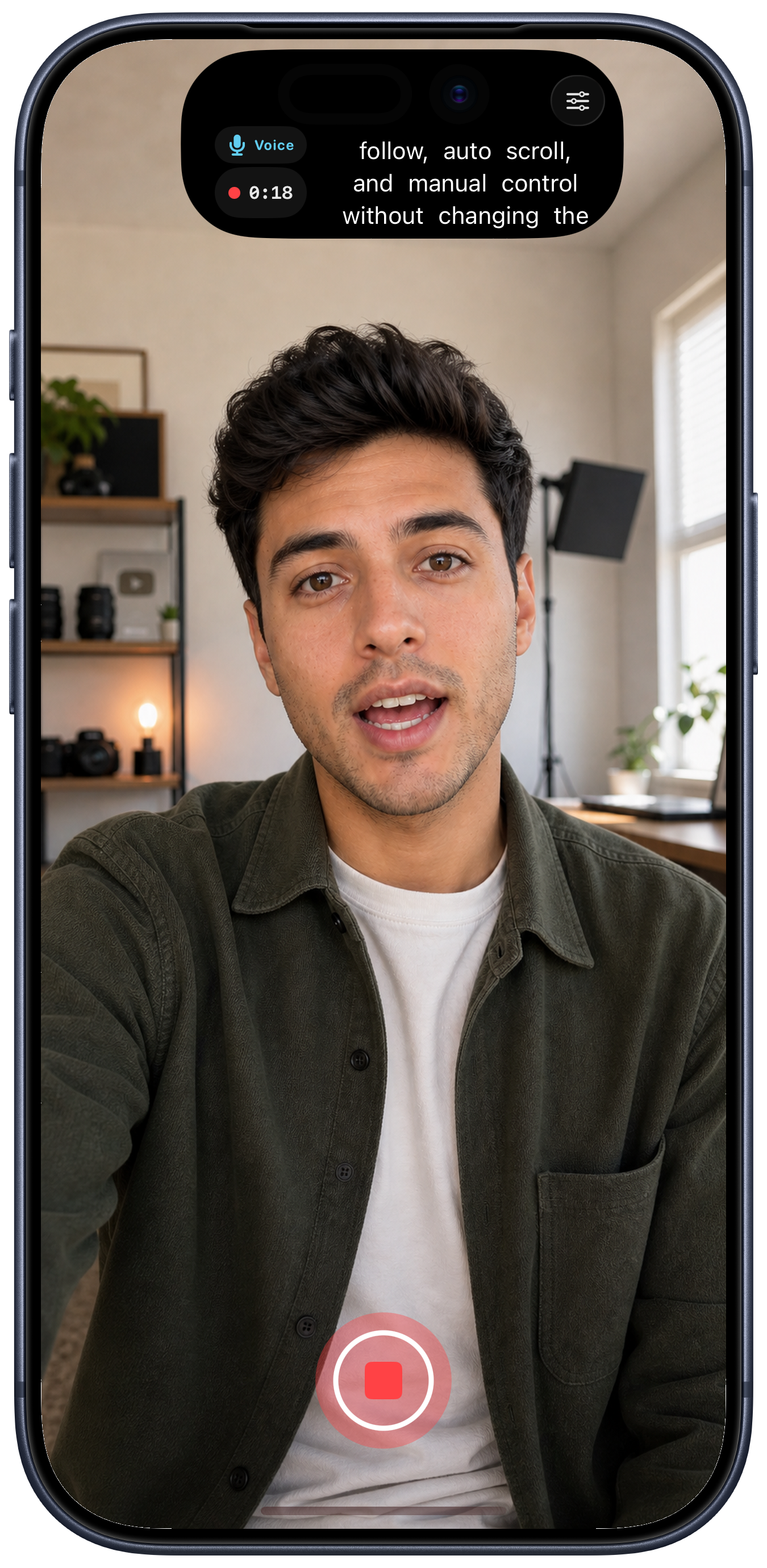 A man using Clarity Voice Follow inside a complete official vertical iPhone frame